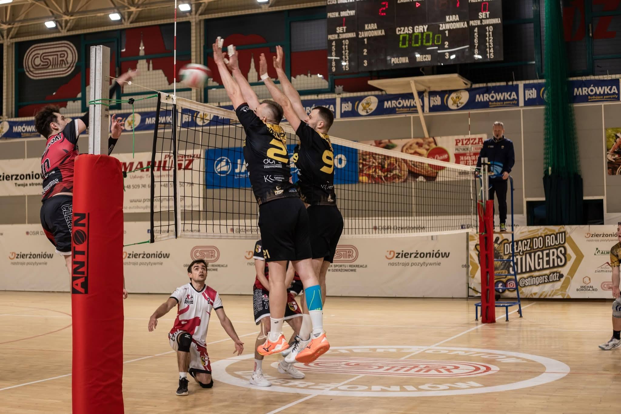 Podwójny blok zawodników DKS Stingers podczas meczu w Hali OSiR Dzierżoniów